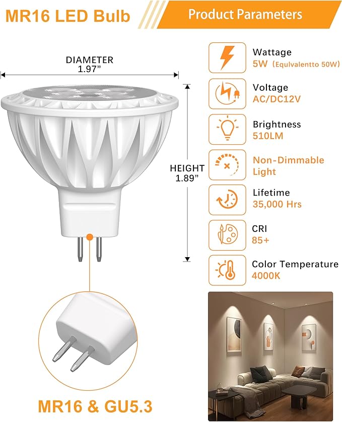 12 Pack MR16 LED Bulbs, 50 Watt Equivalent Landscape Light Bulbs, 4000K Neutral White 5W GU5.3 MR16 12V Spotlight Bulb, 38 Degree Beam Angle for Landscape, Recessed, Track Lighting