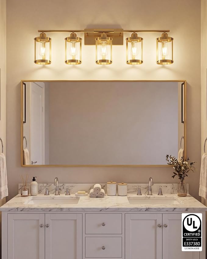 5-Light Brushed Gold Bathroom Light Fixtures Over Mirror with Clear Glass and Metal Cage Shade, 38" UL-Listed Modern Farmhouse Wall Sconce for Bath, Hardwire E26, OS-3014BG-5W
