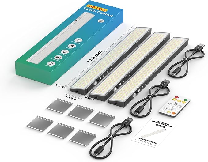 12" Under Cabinet Lights Wireless Rechargeable, Motion Sensor, 3Pack, Black | Touch & Remote Control丨160 bright LEDs丨4000mAh Battery丨Dimmable 3 color temps丨Magnetic install for kitchen counter, closet