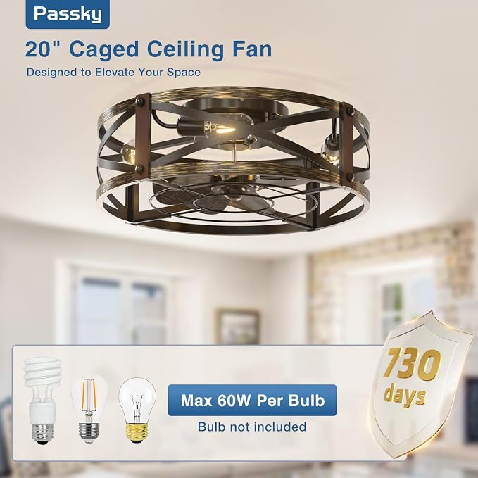 Passky 20" Caged Ceiling Fans with Lights and Remote, Low Profile Fandelier | Reversible DC Motor, 1/2/4H Timer, 6 Speeds, Farmhouse Style, Quiet Operation, for Bedroom, Kitchen, Dining Room, Living Room