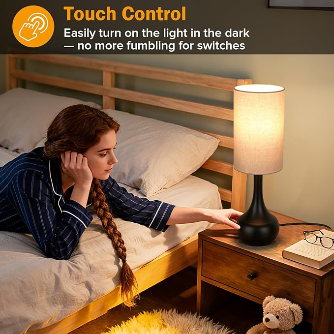 2 Pack Touch Bedside Lamp for Nightstand,3-Way Dimmable,Space Saving & No Assembly Required, Upgraded Small Droplet Vintage Black Table Lamp for Bedroom, Living Room (Bulb Included)