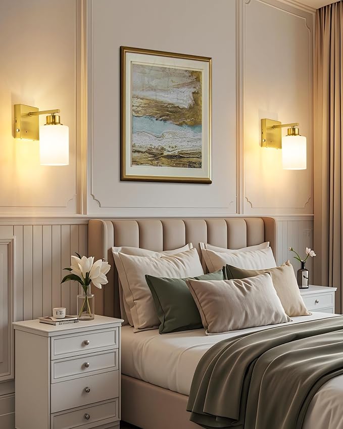 Wall Sconces Battery Operated Set of Two, Modern, White Glass, Gold | Dimmable, Easy Install Rechargeable Wall Lights with Timer Remote for Living Room Bedroom, Emergency 3000K