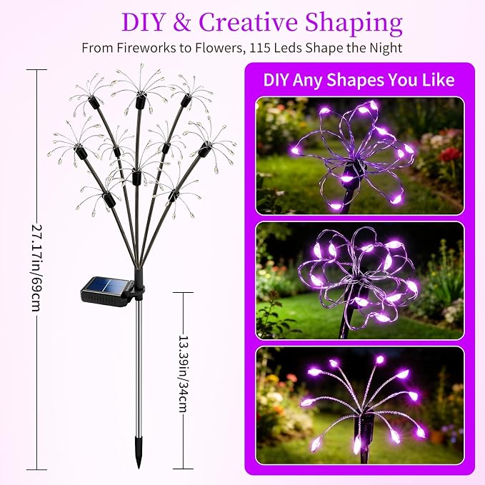 Solar Garden Lights Outdoor, 4 Pack 2-Layer Purple Solar Firework Lights | Purple Halloween Decoration, Waterproof Starburst Fairy Light Garden Decor for Christmas Yard Patio Pathway Lawn