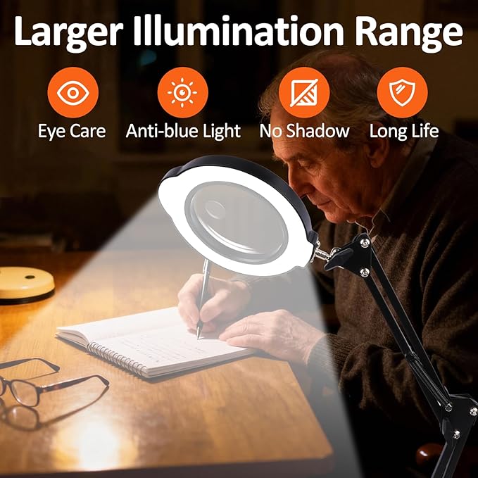 10X 30X Magnifying Glass with Light and Stand, Desktop LED Magnifying Lamp with Base and Clamp, 5 Color Modes, 3 Dimmable Levels Hands Free Magnifying Glass for Reading, Close Work, Crafts, Jewelry