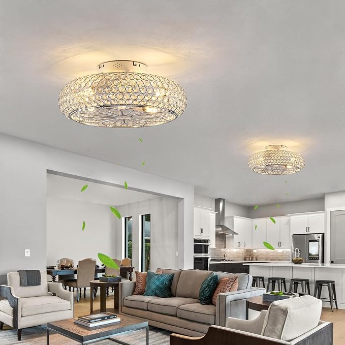 20" Crystal Ceiling Fan with Lights - Enclosed Bladeless Design, Reversible DC Motor & Remote, 6-Speed Quiet, Flush Mount Low Profile Electroplated Mirror Finish, for Bedroom/Living Room