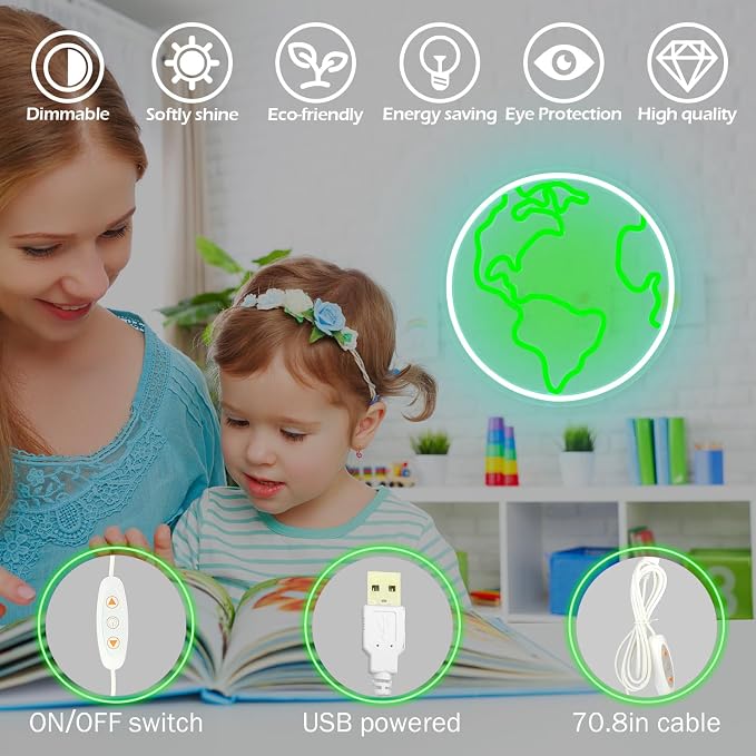 Earth Neon Sign Planet Led Signs for Classroom Dimmable Earth Science Classroom Decor World Neon Light Sign For Bedroom Wall Decor Great Gift for Kids Students