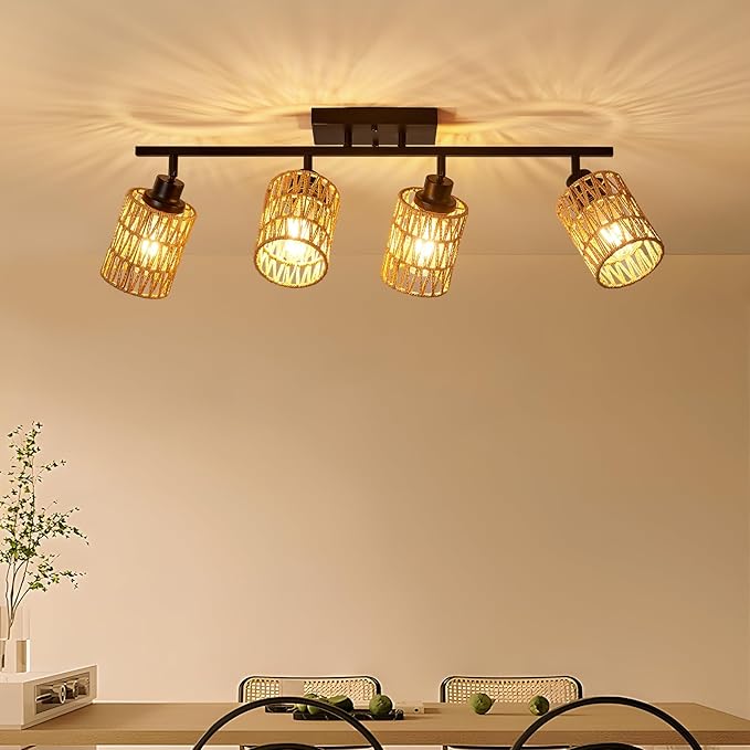 4 Light E26 Track Lighting Fixtures Ceiling Rattan Farmhouse Boho Ceiling Track Lighting, Directional Rotatable Modern Track Ceiling Light Fixtures for Kitchen Bedroom Hallway Porch Foyer