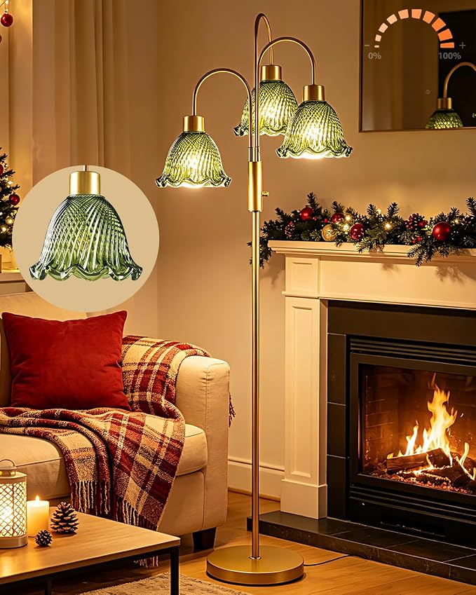 Lightdot 3-Light Glass Floor Lamp for Living Room, 70" Gold Dimmable Standing Tall Lamp with Green Ribbed Glass Shades &3PCS 3000K Warm White Bulbs, Modern Tree Pole Lamp for Bedroom Home Decor