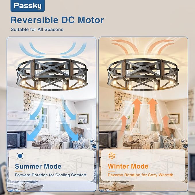 Passky 24" Caged Ceiling Fans with Lights and Remote, Low Profile Fandelier | Reversible DC Motor, 1/2/4/8H Timer, 6 Speeds, Farmhouse, Quiet Operation, 6 E26 Sockets, For Bedroom, Kitchen, Dining Room
