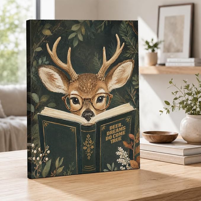 NSFBESSLIA Funny Reading Deer Painting, Whimsical Forest Animal Decor, Deer Dreams Do Come True, Cottagecore Wall Art for Living Room Bedroom Entryway, 8x10 Inch