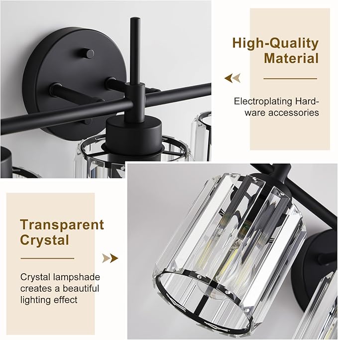 3 Light Crystal Vanity Light, Bathroom Lighting Fixtures Over Mirror Black Crystal Wall Light Bath Wall Lighting Modern Bath Wall Sconce Lighting for Bedroom Living Room