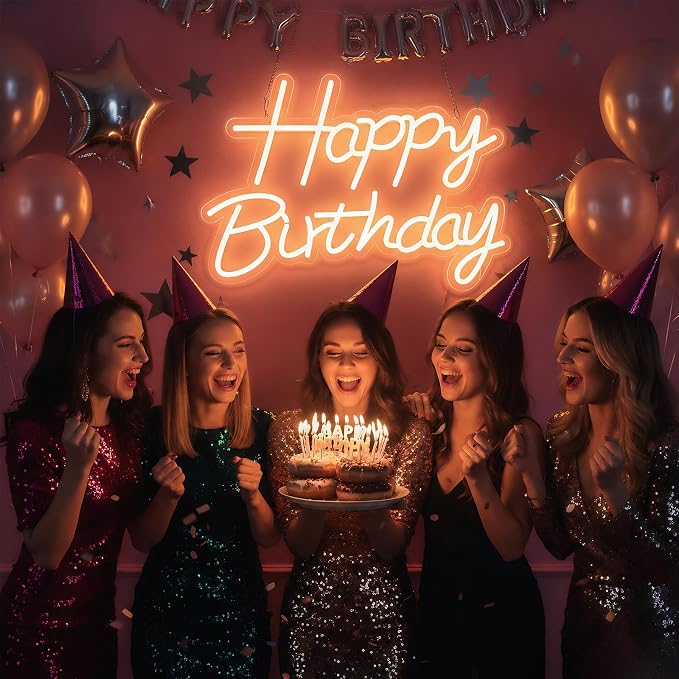 22" x 14.5" Happy Birthday Neon Sign for Backdrop, LED Happy Birthday Light Up Sign, USB Powered Dimmable Neon Light for Birthday Party Decorations, Wall Decor, Warm White