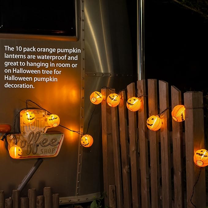 Halloween Pumpkin Lantern String Lights, 10 Pack Orange Lanten Lights String Plug in, Mini Jack O Lantern Pumpkins Decor Connectable Lights, 9.8FT String Lights Outdoor Halloween Decorations