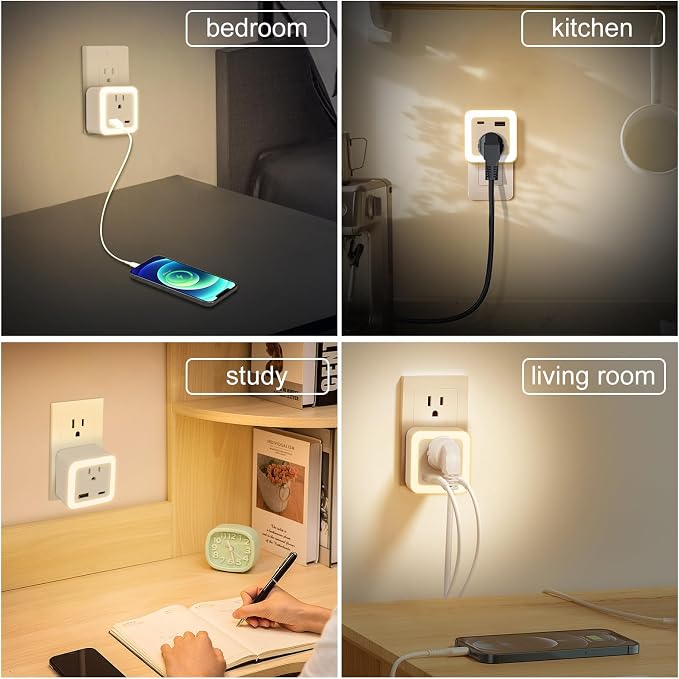 Night Lights Plug Into Wall 4 Pack Rechargeable Battery Backup Light | Dusk to Dawn Sensor Night Light with Outlet Expander for Adults Kids Bedroom, Kitchen, and Bathroom