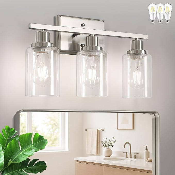 Ascher Bathroom Light Fixtures, 3 Light Vanity Light with LED Bulbs Included, Brushed Nickel Wall Sconces with Clear Glass Shades for Mirror, Kitchen, Living Room, Hallway, Cabinet