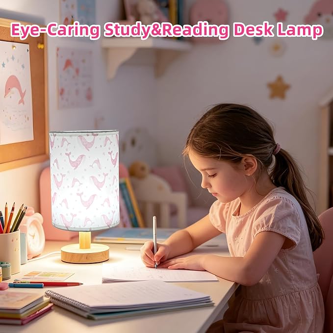 Whale Kids Table Lamp for Bedroom,Kids Bedside Lamps 3 Colors Dimmable Nightstand Night Light with Cartoon Flaxen Fabric Shade Desk Lamp for Girls Boys Room Nursery Ocean Decor,Birthday Kids Gift