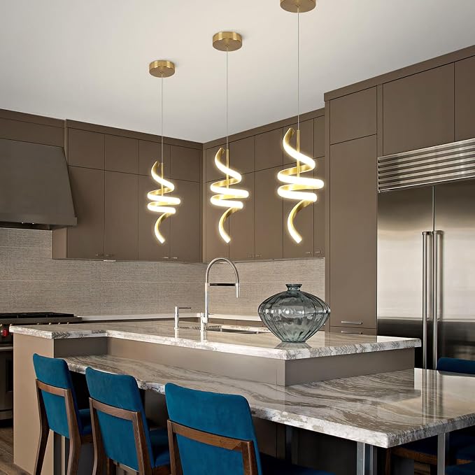Spiral LED Pendant Light Fixtures, 15IN Modern Pendant Lights Adjustable Height 4000K Gold Kitchen Island Light Chandeliers for Dining Room Hanging Lights, 1 Pack
