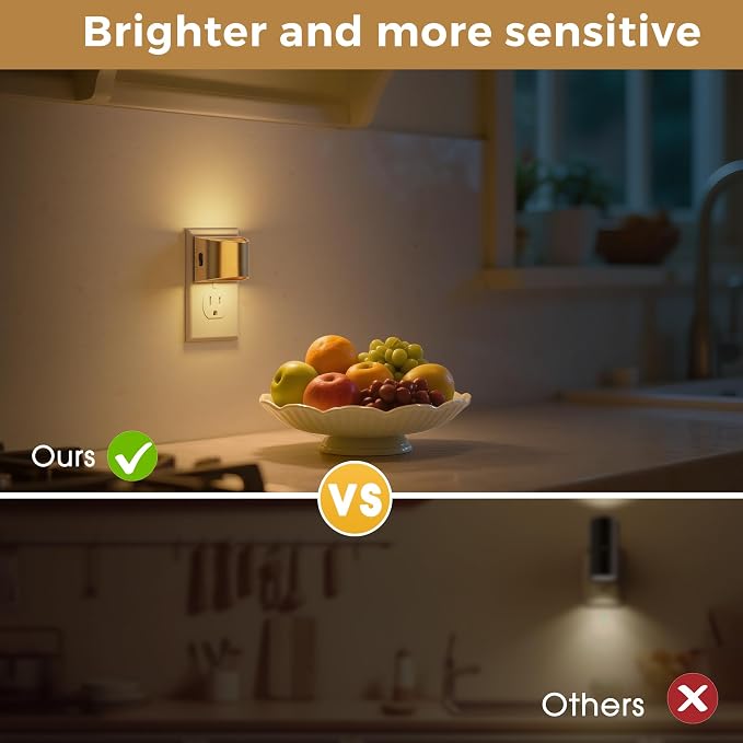 L LOHAS LED Night Lights Plug into Wall, Dimmable Night Light 2 Pack | Plug in Night Light with 3 Level Brightness, 3000K Soft White, Gold Housing