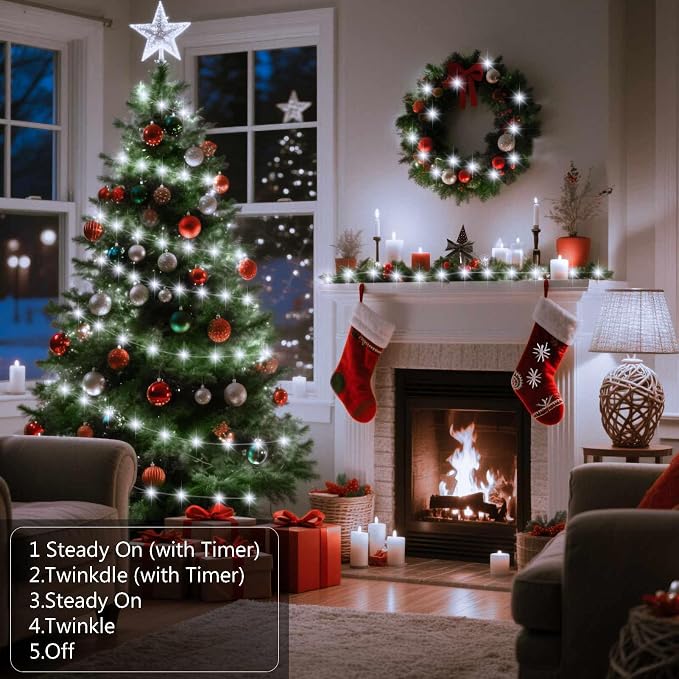 4 Pack Timer Fairy Lights Battery Operated Twinkle Lights with 5 Modes | 16.4Ft 50 LED Silver Copper Wire Battery Wreath Lights for Home Christmas Wedding Indoor Outdoor Decor, Cool White