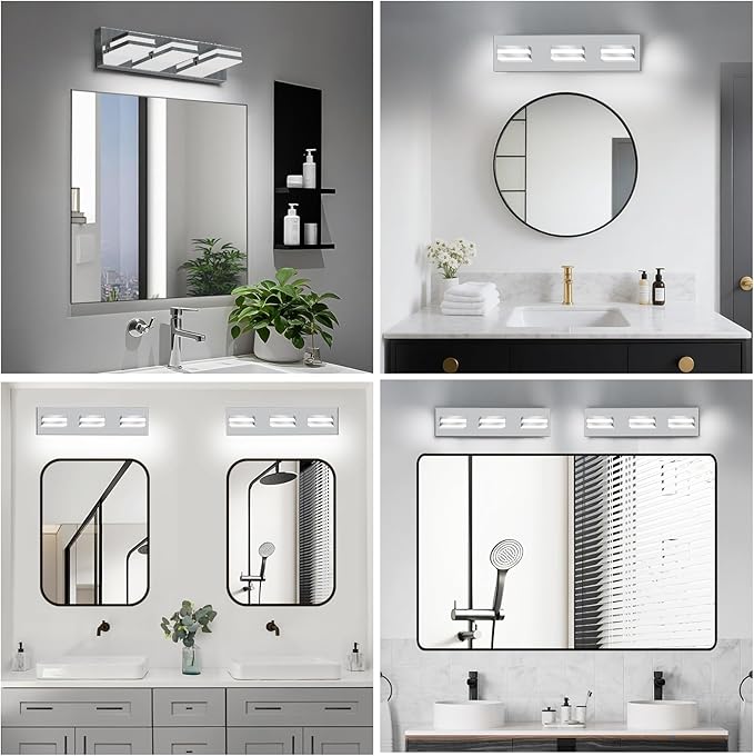 IZORRO LED Modern Bathroom Lights Fixtures(3-Light,Dimmable),Chrome Acrylic Wall Lighting,Vanity Lights for Bathroom Over Mirror - 6000k 16In （No Assembly Required）