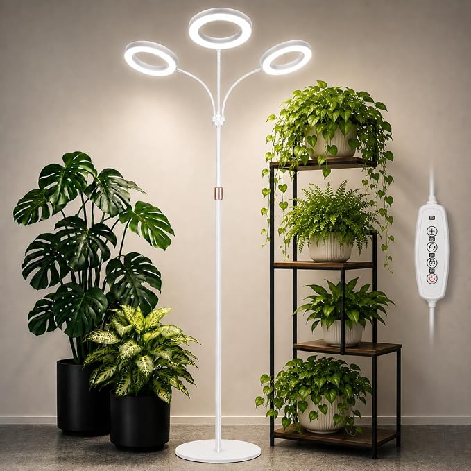 LBW 3-Head Grow Light with Stand for Indoor Plants, Full Spectrum Grow Light for Tall Large Plants, Adjustable Height up to 68", Auto Cycle Timer 6/8/12/16H, 5-Level Dimming, 3 Lighting Modes,White