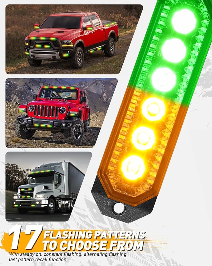 HLauto 406T Emergency Strobe Grille Lights: 4Pcs 6 LED Sync Feature Safety Warning Flashing Light, 12V-24V Ultra Slim Surface Mount Hazard Caution Light for Truck, Vehicle, Car, ATV, UTV (Amber Green)