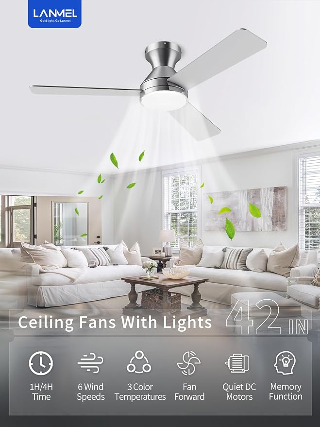 LANMEL Metal Ceiling Fan with Lights and Remote, 42 Inch, Silver | Modern Low Profile Flush Mount, Reversible, 3CCT Dimmable, Quiet, LED, For Bedroom, Living Room, Indoor/Outdoor Patio Use