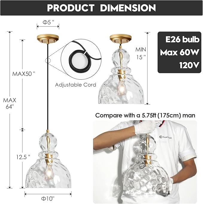 Hammered Glass Pendant Light Gold Pendant Lights Kitchen Island 12in Large Brass Kichen Island Light Over Sink Glass Ceiling Pendant Light for Entry Hallway Dining Room