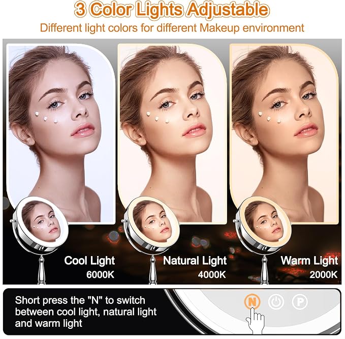 Makeup Mirror with Lights, 9 Inch 20X Magnifying Mirror with Light and 3 Colors for Women, Vanity Mirror with Lights and Adjustable Brightness, Lighted Magnified Mirrors for Delicate Makeup