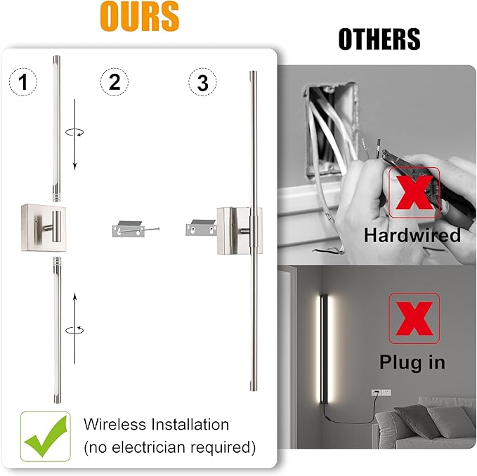 Battery Operated Wall Sconces Set of 2, Dimmable Battery Wall Sconce with Remote Control, Sand-Nickel LED Rechargeable Sconces, 30 Inch Modern Wireless Wall Lights for Bedroom, Living Room
