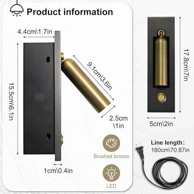Set of 2 Led Headboard Wall Light, 350°Rotation Portable Plug in Wall Sconce Hardwired, Bedside Reading Light Recessed Push Switch, Hotel Bed Side Decor Wall Sconces Spotlight (Brushed Brass)