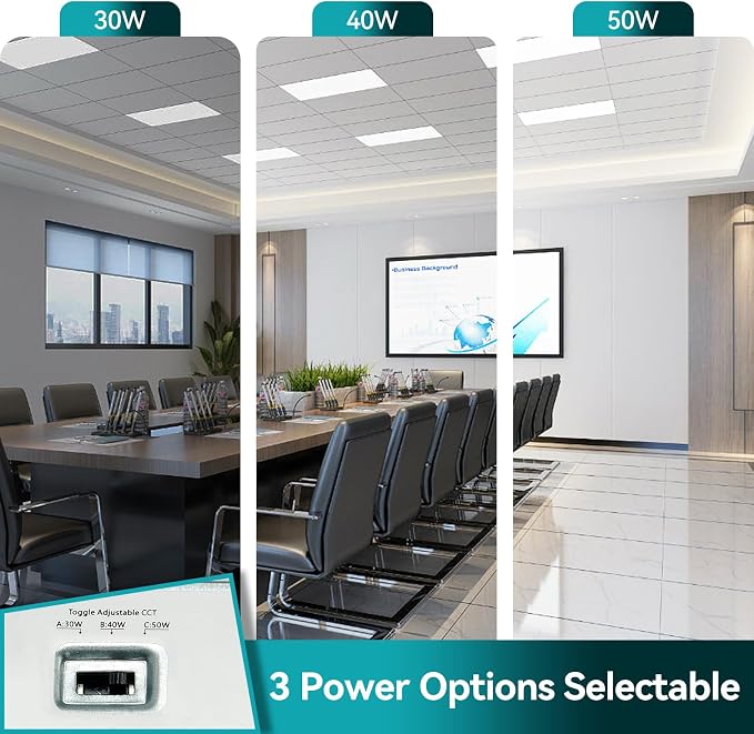 6 Pack 2x4 LED Flat Panel Light with Emergency Battery Backup | 90-Min Emergency Mode at 8W, 30W/40W/50W Wattage Switchable, 3000K/4000K/5000K Selectable, 100-277V, 0-10V Dimmable, UL, ETL