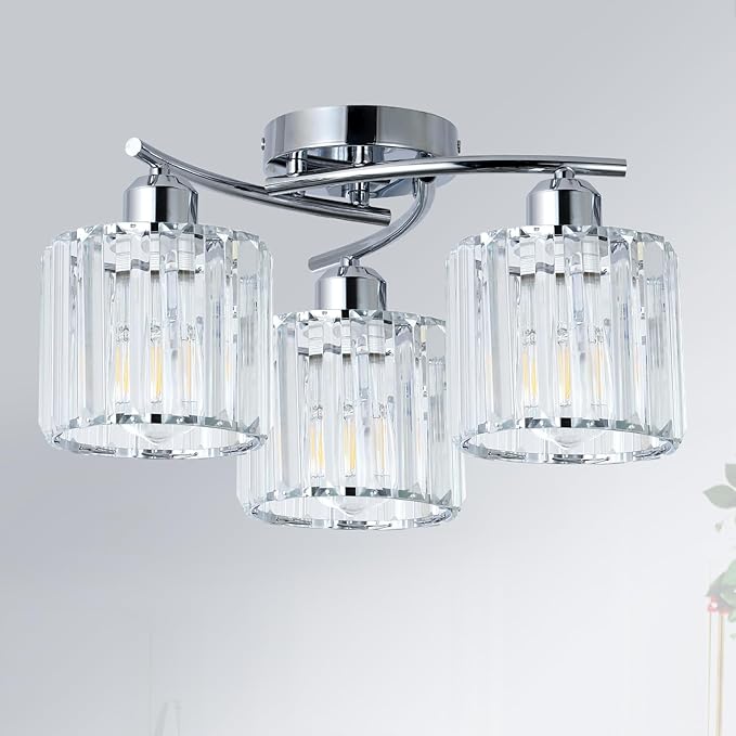 Crystal Close to Ceiling Light Fixtures,3-Light Chrome Modern Semi Flush Mount Ceiling Light,Kitchen Light Fixture with Clear Crystal Shades,Hallway Lighting Fixture for Entryway Bedroom Bathroom