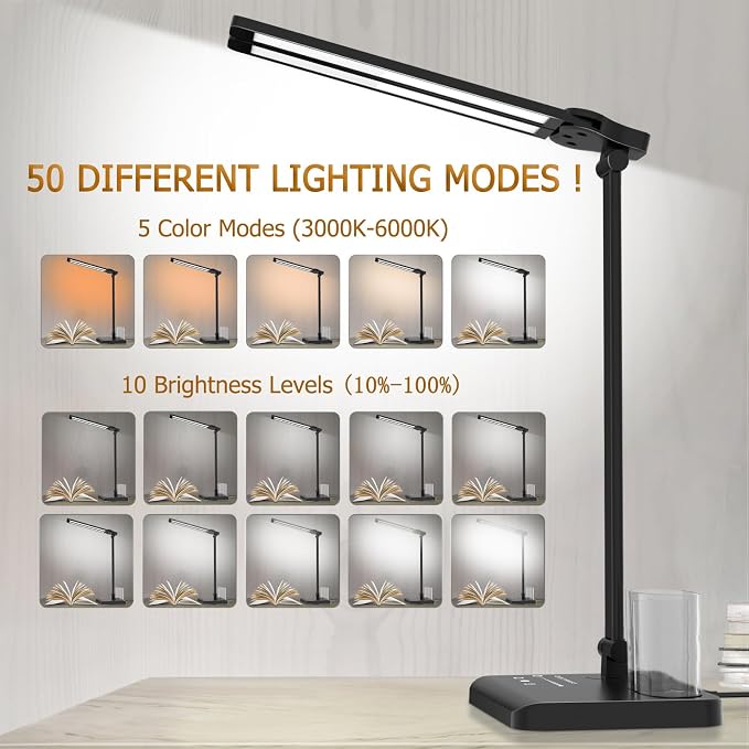 Dimmable LED Desk Lamp with USB Charging Port, 50 Lighting Modes Dual Swing Arm Architect Table Lamp Light Desk Lamp for Home Office Dorm Piano Nail