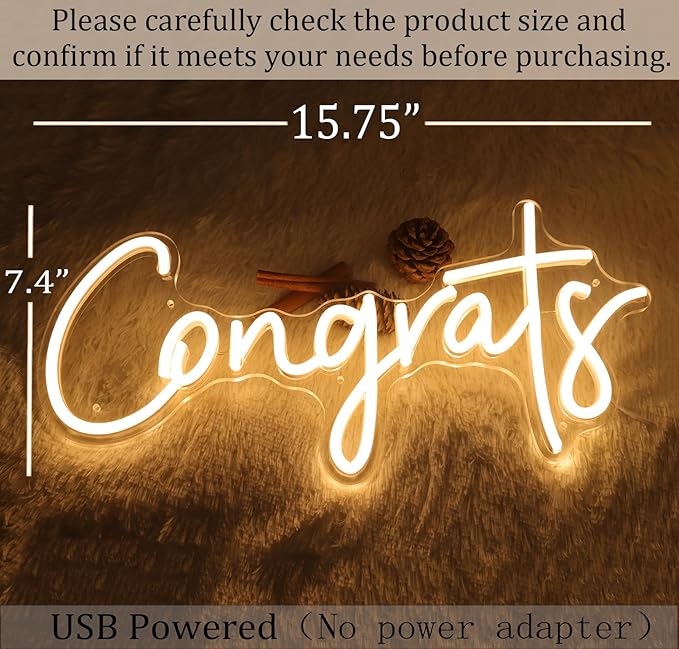 SYLHOME Congrats LED Neon Light Sign for Wedding Birthday Party Graduation Background Wall Decor Sign Celebration Banquet Light Up Sign 15.75" X 7.4" USB Indoors Warm White