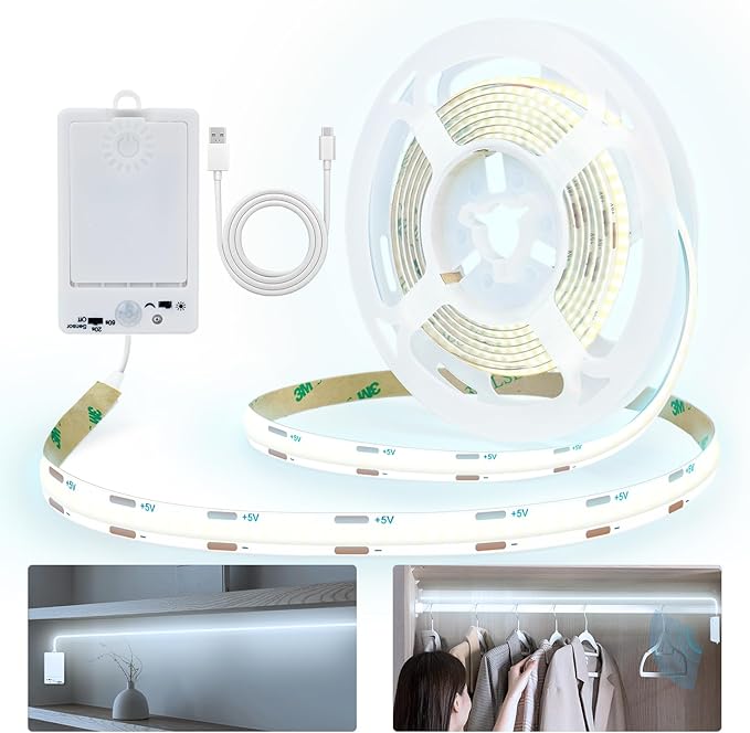OMIKA COB Rechargeable LED Strip Light, 6.56ft 640LEDs 6000K Cool White Battery Powered LED Strip Light, Closet Lights Motion Sensored, Under Cabinet Lights for Bed, Locker, Wardrobe, Shelves