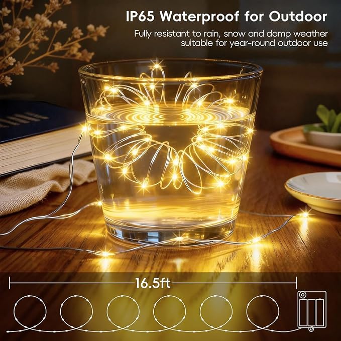 4 Pack Fairy String Twinkle Lights Battery Operated Auto Timer | 16.5FT 50 LED Warm White 8 Modes Green Wire Waterproof for Christmas Tree Wreath Garland Xmas Bedroom Outdoor Indoor Decor