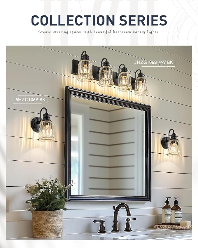 HWH 4-Light Bathroom Vanity Light, Wall Light Sconces for Bathroom, Dressing Table, Black Bathroom Mirror Wall Light with Bell-Shaped Clear Glass, Matte Black Finish, 5HZG106B-4W BK