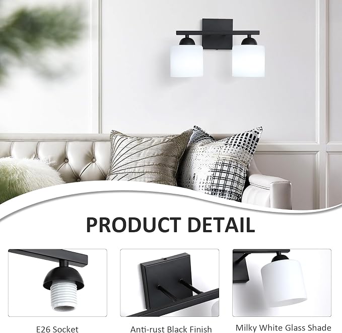 2-Light Matte Black Vanity Light, Modern Bathroom Light Fixtures Over Mirror, Vanity Light with Milky White Glass Shades, Farmhouse Black Wall Sconce, E26 Socket