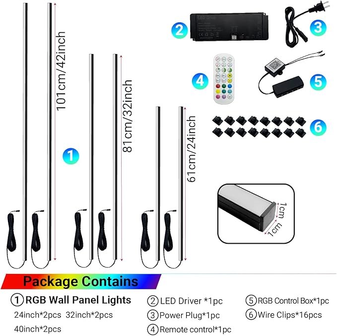 HAMRVL Black RGB Smart IC Recessed Lighting Kit - 6pcs Wall Panel Lights for Acoustic Panels, APP/Remote Control, Music Sync, Chasing Effects, Slat Wall Lights for Wood Wall Panel (2*24+2*32+2*40 in)