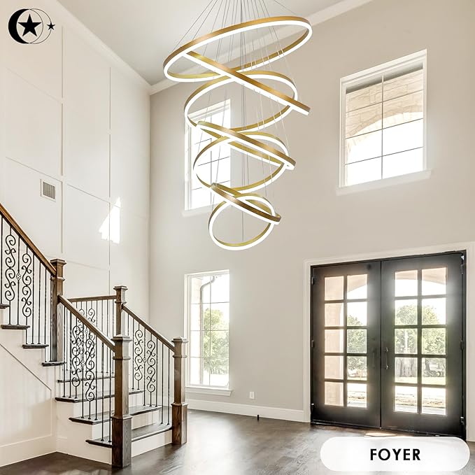XGZL·LIGHTING 7-Rings Modern LED Chandelier Gold D31.5’’ Contemporary High Ceiling Foyer Chandeliers Large with Remote Entryway for Living Room Entrance Staircase, 3000K-6000K