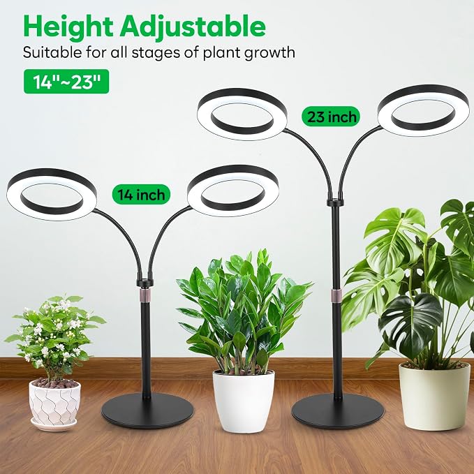 Grow Lights for Indoor Plants, 2-Head Full Spectrum & 3/9/12H Timer, Black | 144 LEDS Plant Light, 10 Dimmable Levels Indoor Plant Light, Flexible Gooseneck, 14"-23" Height Adjustable, Metal Base