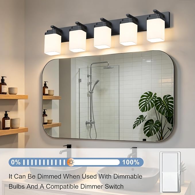 Matte Black Bathroom Light Fixtures, 5 Lights Bathroom Lighting Fixtures Over Mirror, Square Design & Rectangle Large Backplate, Modern Vanity Lighting Fixtures, for Living Room/Bedroom