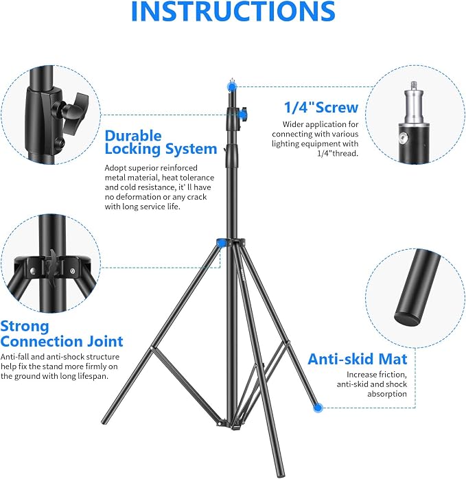 NEEWER Heavy Duty Light Stand 10ft/3m Adjustable Spring Cushioned Tripod | Metal Photography Stand, for Photo Studio Softbox, Flash Monolight, Ring Light, and Other Photographic Equipment, Black