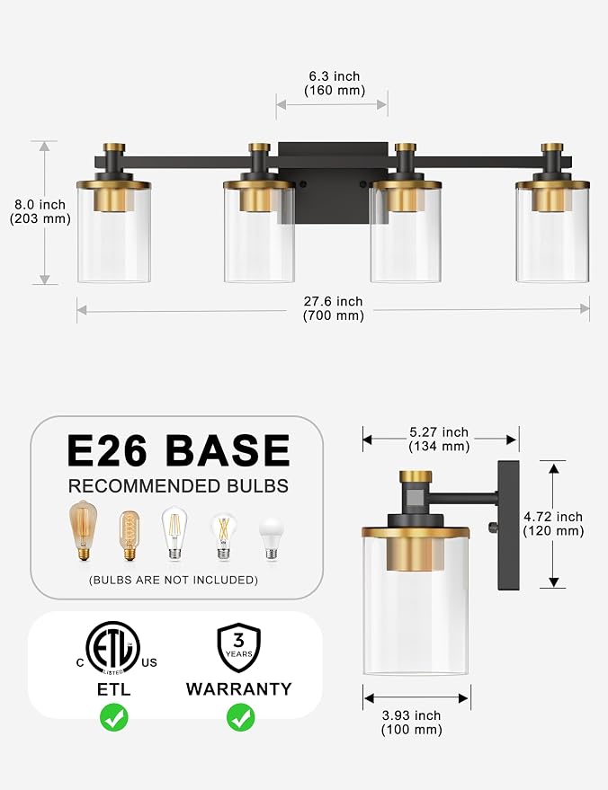 Bathroom Light Fixture, Bathroom Vanity Light Over Mirror, 4-Lights | Vanity Lights for Bathroom, Modern Lighting Fixtures with Clear Glass Shade, Black and Gold Vanity Lights, ETL Listed