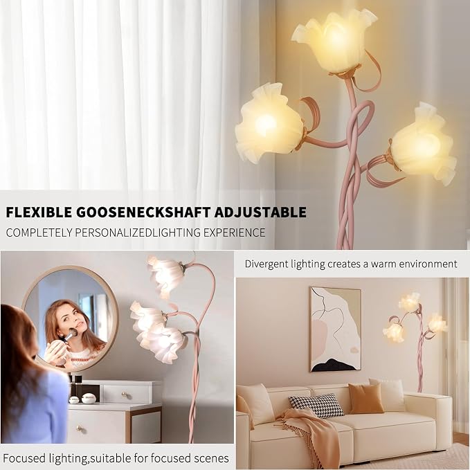 Flower Floor Lamp for Living Room, Tall Standing Reading Lamp with Flexible Neck Shaft for Bedroom Decor, Modern Corner Floor Lamps with 3-Color Temperatures LED Bulb (Pink)