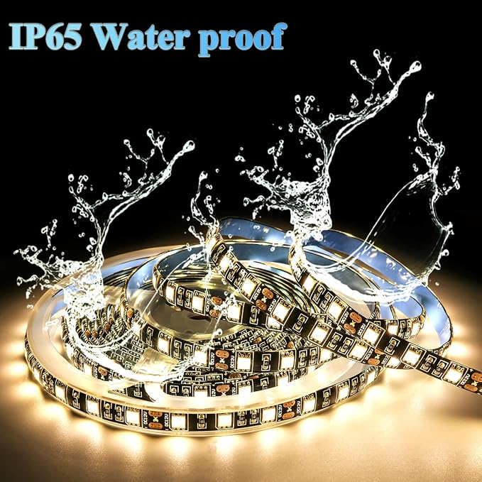 12V LED Strip Light, Warm White 3000K 16.4ft LED Light Strip Black PCB Board SMD 5050 IP65 Waterproof 300 LEDs LED Tape LED Rope Lights for Bedroom, Kitchen Decoration