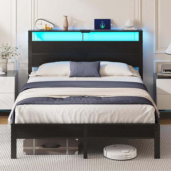 Queen Size Bed Frame with LED Lights and Charging Station Headboard | Black Metal Platform Bed, Storage Shelf, USB+Type C, Noise Free, No Box Spring Needed, Easy Assembly