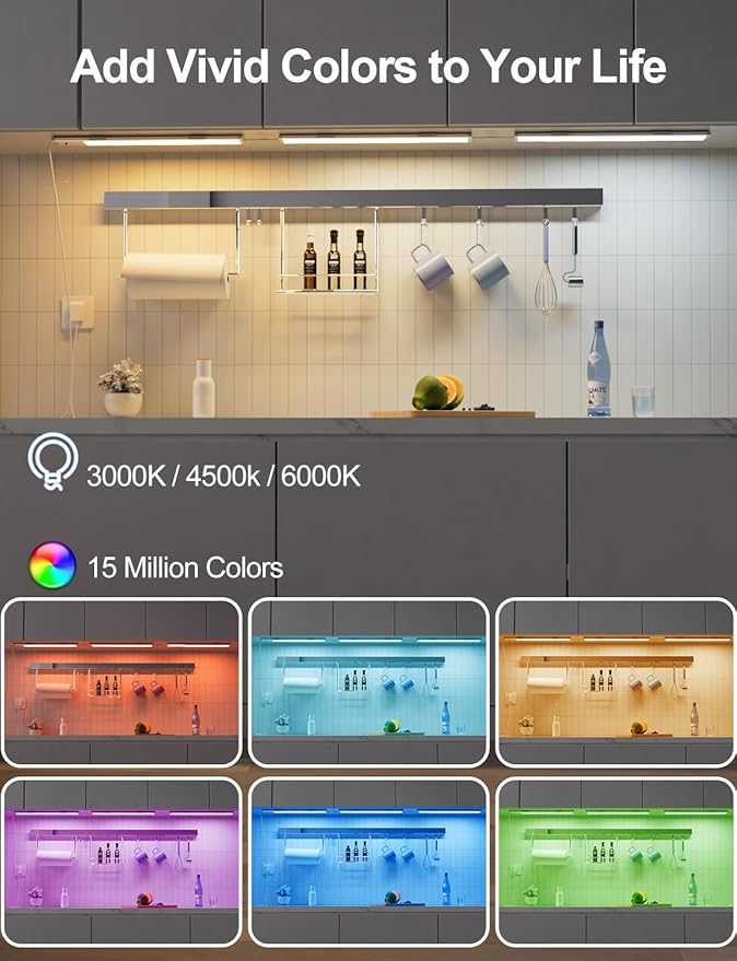RGB Under Cabinet Lights Plug-in, 12 Inch, 3 Pack | Remote,Under Cabinet lighting, Dimmable, LED Light Bar for Kitchen, Multi-Color for Desk, Closet