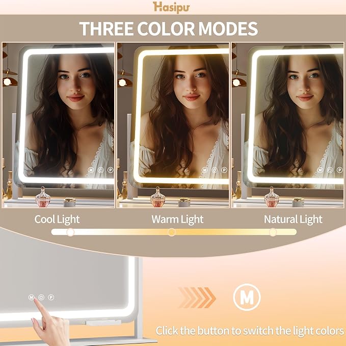 Hasipu Vanity Mirror with Lights, 40" x 29" LED Makeup Mirror, Light up Mirror with 10X Magnification and Phone Holder, USB Charging Port, Smart Touch 3 Colors Dimmable (White)